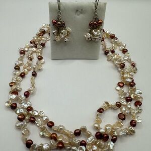 Brown and White pearl multi-strand necklace with matching earrings